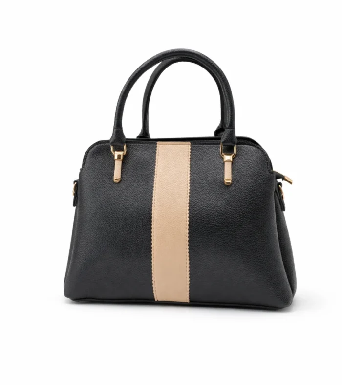 Structured black pebble-grain satchel bag with a vertical cream stripe in the center and gold handles.
