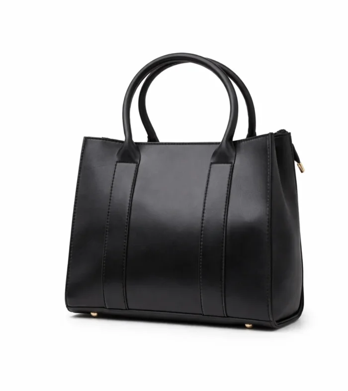 Structured Obsidian Black leather square tote bag with long handles and a minimalist smooth finish.