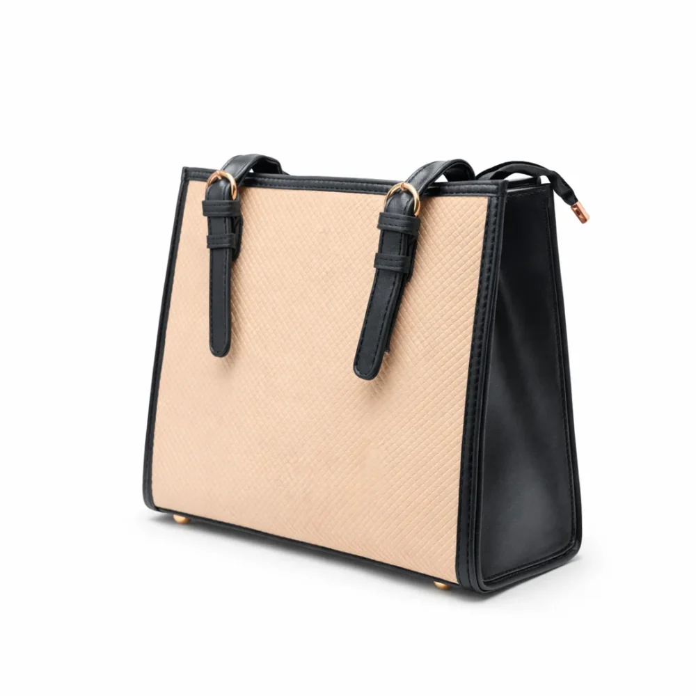Structured beige tote bag with diamond texture and black adjustable handles