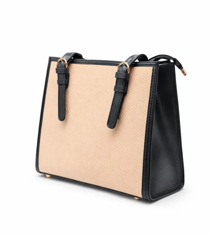 Structured beige tote bag with diamond texture and black adjustable handles
