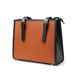 Structured brown tote bag with diamond texture and black adjustable handles